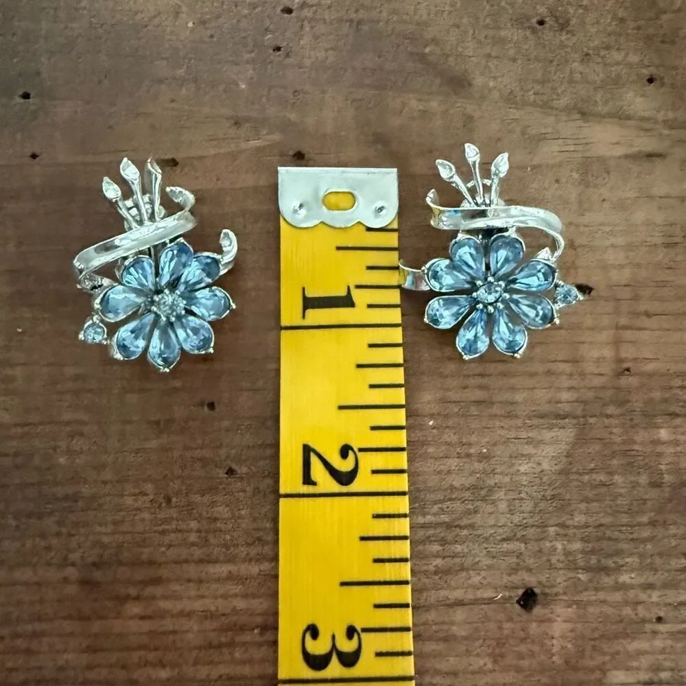 1950s Vintage Coro Rhinestone Earrings Light Pastel Blue Rhinestone Flowers Fanf